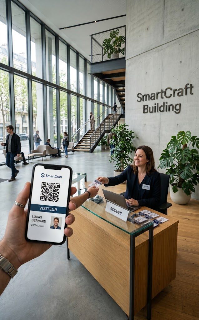 Hall d'accueil vitré : un visiteur présente le QR code de son badge sur son téléphone, l'hôtesse lui tend un badge depuis le poste d'accueil.