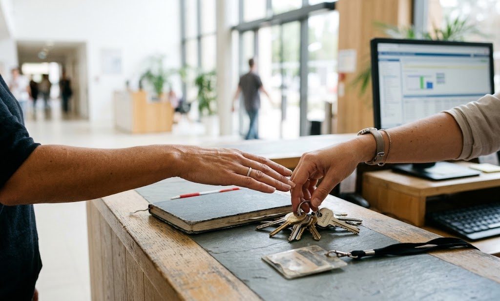 Au comptoir d'accueil, une main tend un trousseau de clés à une autre, à côté d'un cahier de consignes fermé et d'un badge.