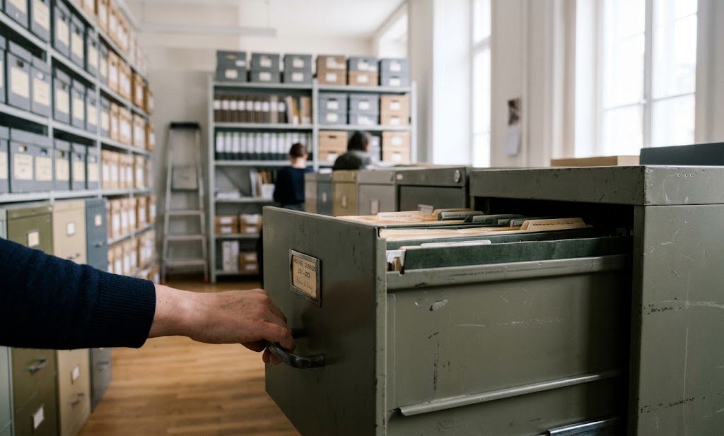 Une main ouvre le tiroir d'un classeur métallique dans une salle d'archives claire, rayonnages de boîtes en arrière-plan.